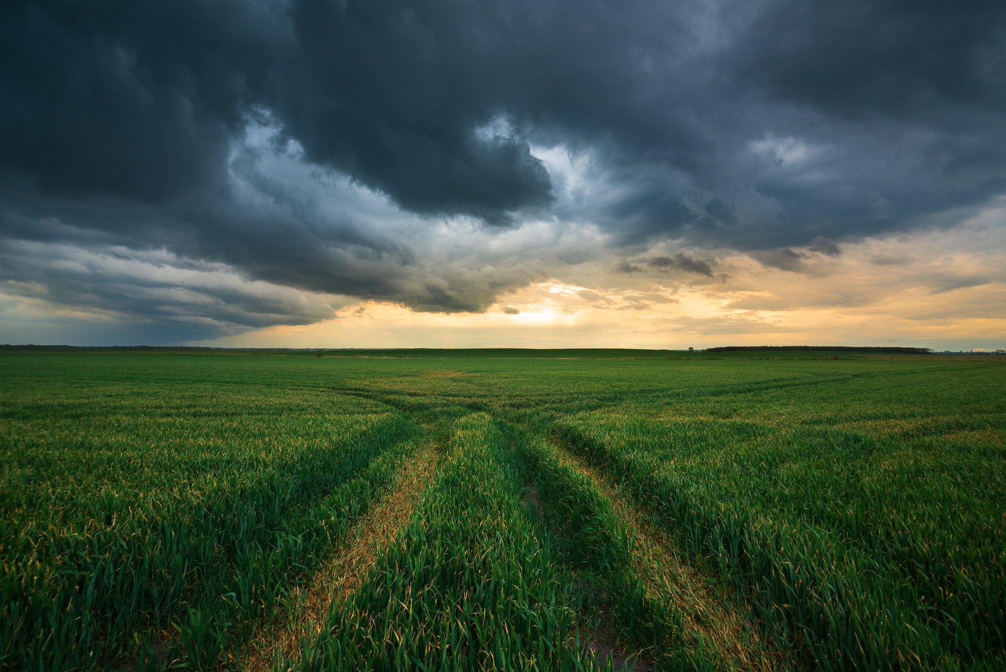 Storm clouds , dramatic dark sky over the rural field landscape