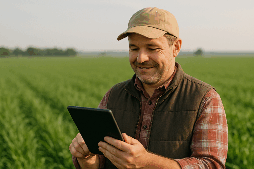 agriculteur dans un champs vert avec un tablette